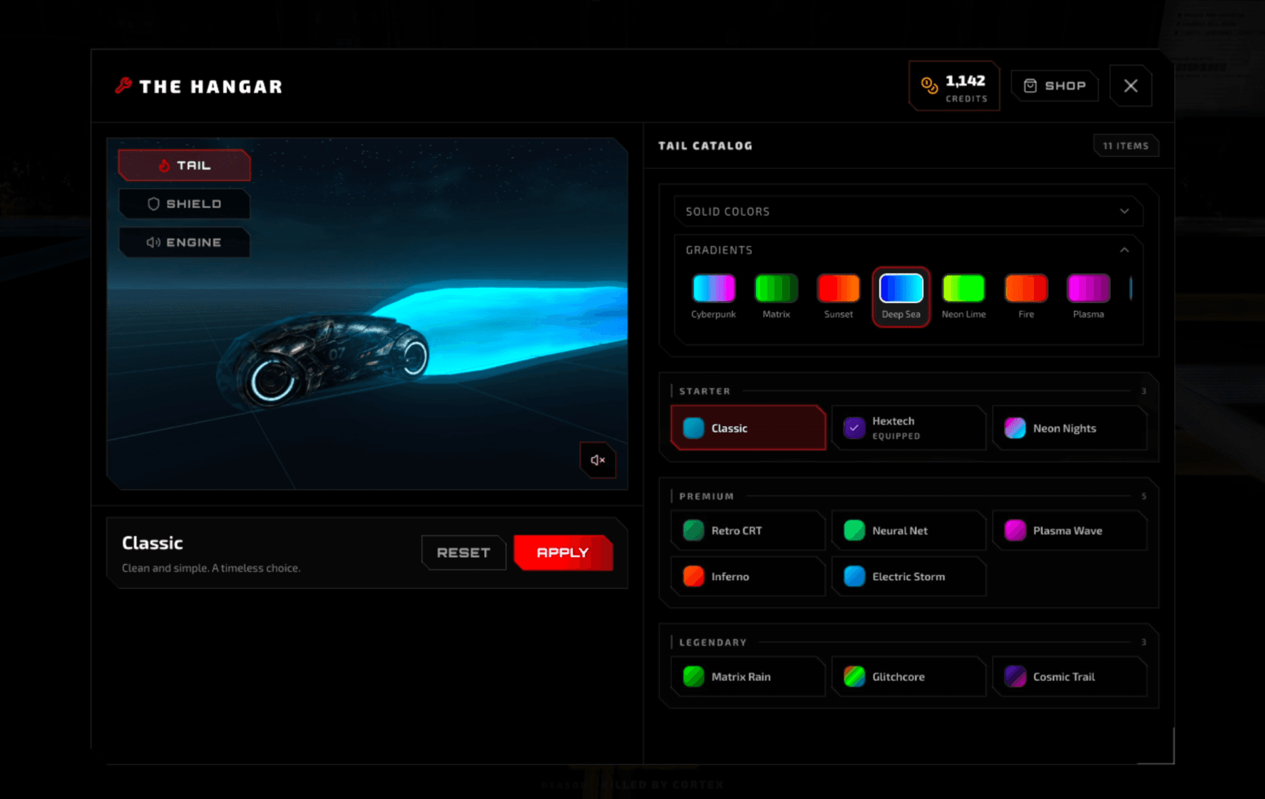 Cycle customization preview showing tail and shield color options