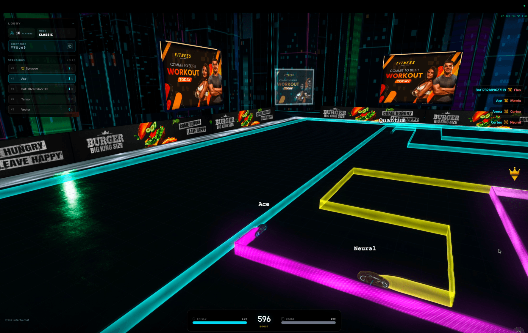 CycleArena desktop match showing light-cycle trails in the arena